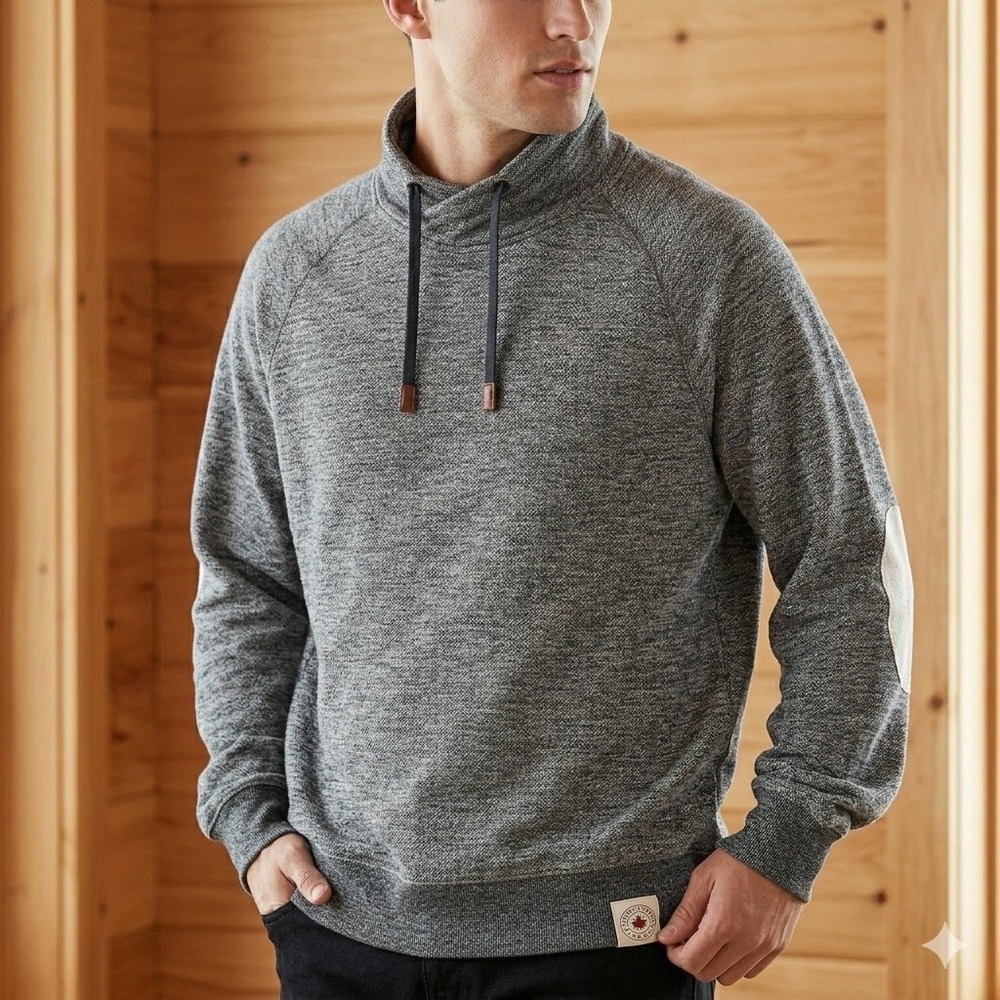 Roots Canada Sweatshirt Men's Gray Pullover Funnel Neck Patch Winter Comfy Large